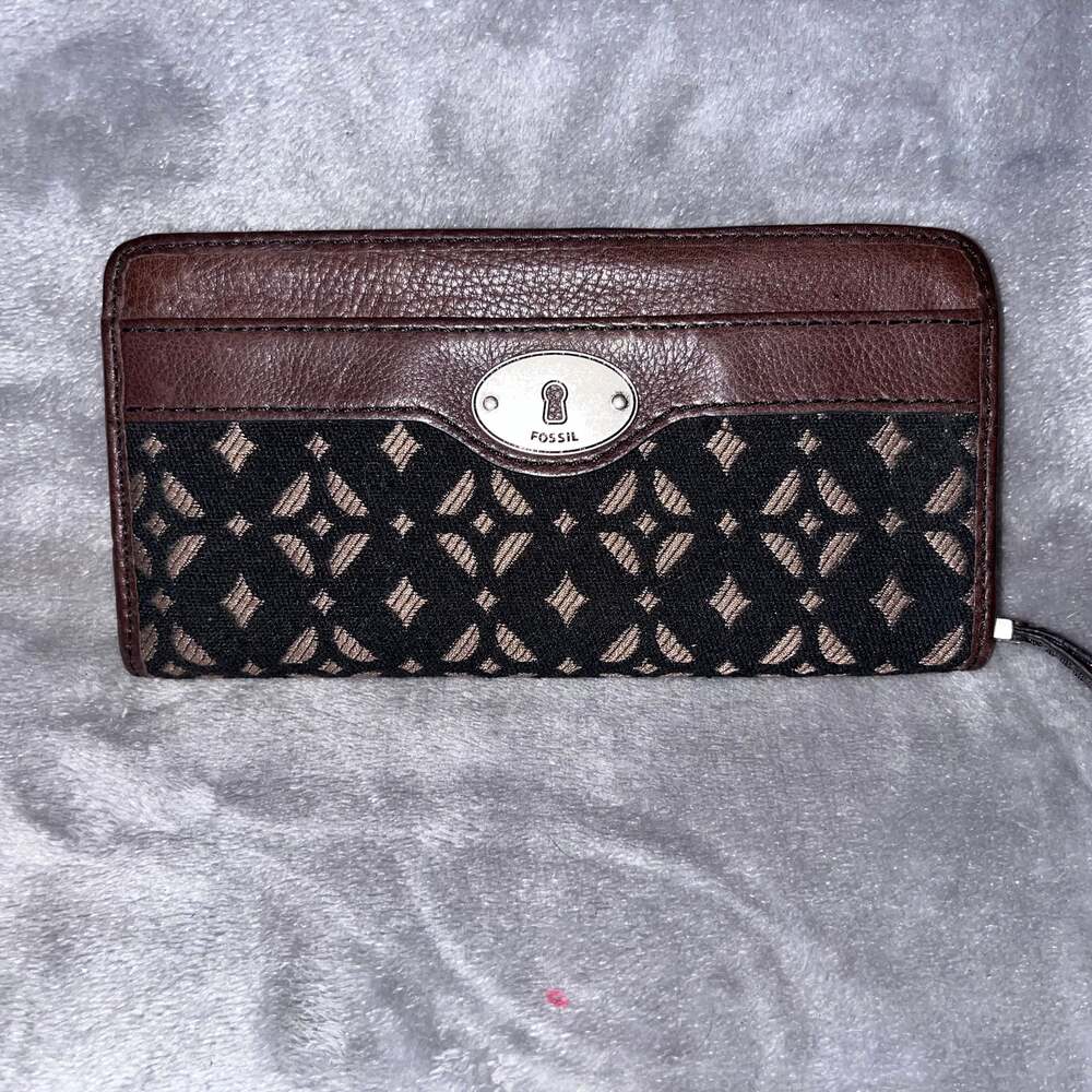 Fossil Logan Zip Around Wallet, Black Jacquard and Brown Leather